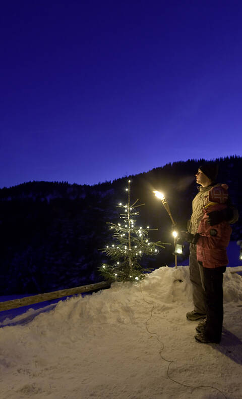 Urlaub am Bauernhof im Winter bei Nacht