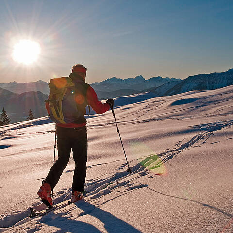 Schneeschuhwandern im Sonnenlicht